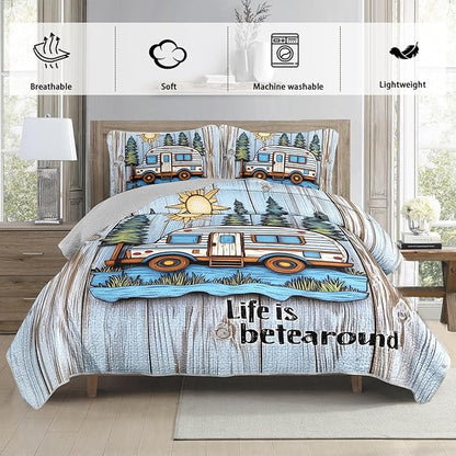 Camping Travel Trailer Bedding Full Quilts for Bed,Retro Bedding for Kids Boys Girls Happy Camper Decor,Outdoor Camping Themed Quilt Sets with 2 Pillowcases.
