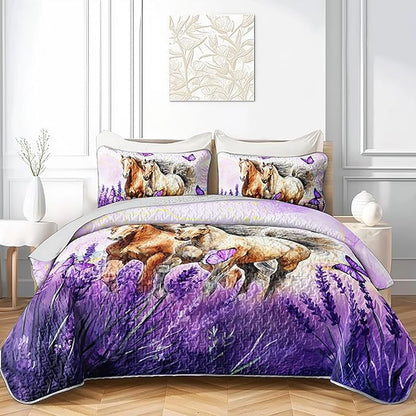 AILONEN Girls Horse Quilt Bedding Set Full Size,Galloping Horse Bedspread Coverlet,3Pcs Purple Butterfly Lavender Flowers Animal Themed Bed Cover (1 Quilt + 2 Pillowcases)