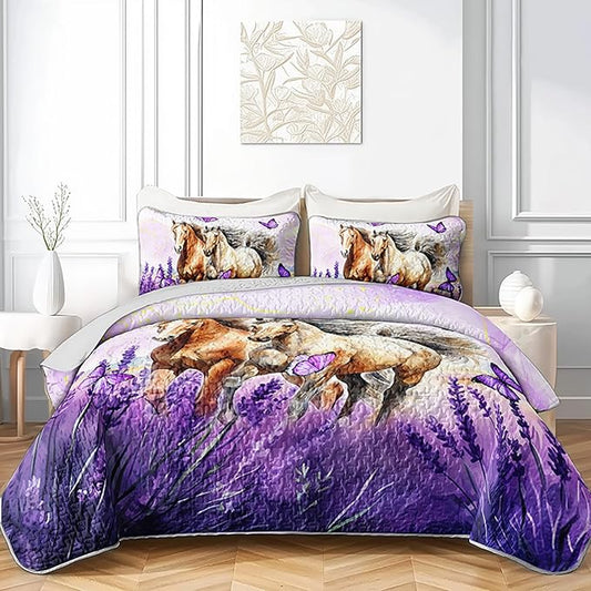 AILONEN Girls Horse Quilt Bedding Set King Size,Galloping Horse Bedspread Coverlet,3Pcs Purple Butterfly Lavender Flowers Animal Themed Bed Cover (1 Quilt + 2 Pillowcases)