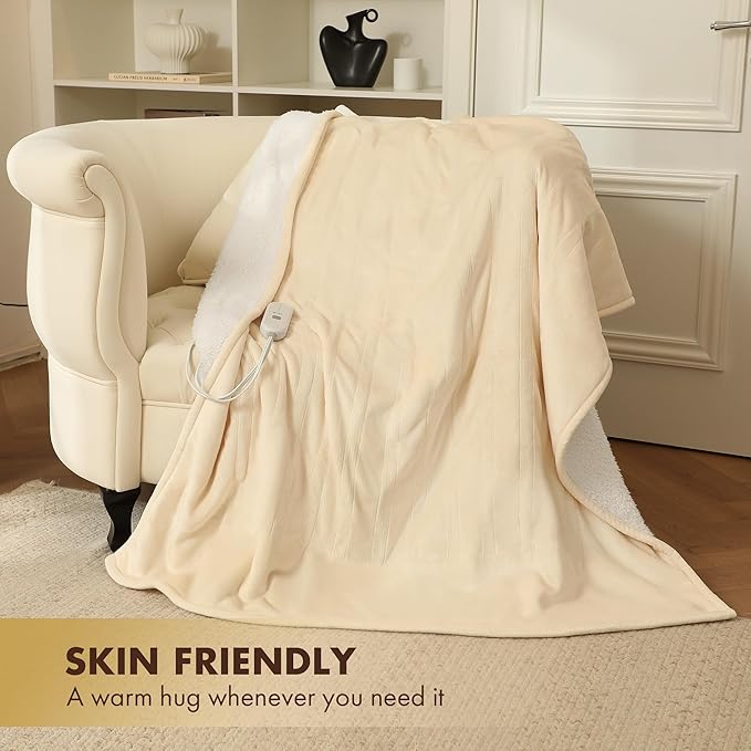 Electric Heated Blanket Twin 62" x 84" - Soft Cozy Flannel Sherpa Heated Blanket with 5 Heating Levels & 10 Hours Auto Off, Electric Blanket as a Gift for Grandma, ETL Certified (White)
