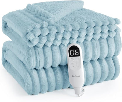 Bedsure Electric Blanket Twin - Thick Striped Flannel Electric Blanket, Heating with 10 Time Settings, 6 Heat Settings, and 8-Hour Timer Auto Shut Off, Gifts for Grandma (62x84 inches, Light Blue)