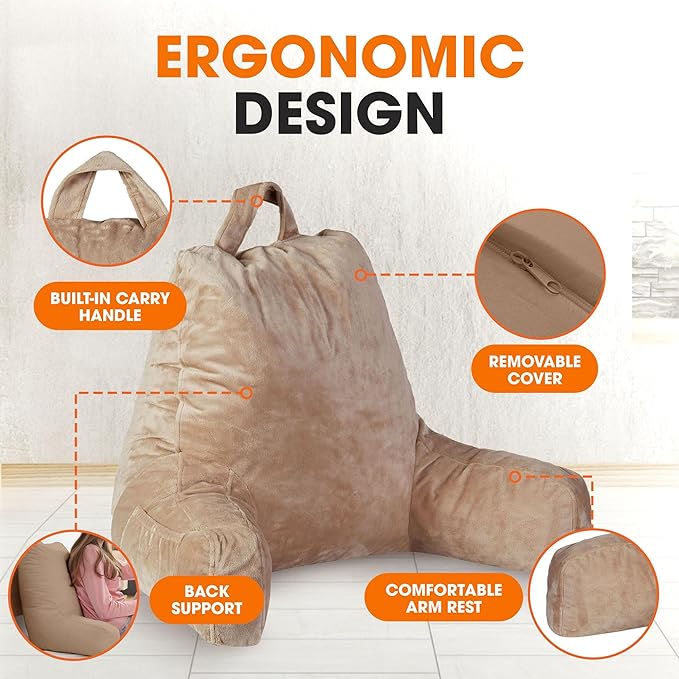 Cheer Collection Reading Pillow with Arms – Portable Bed Pillow for Sitting Up & Support, Hollow Fiber-Filled Back Rest Pillow for Sitting in Bed & Couch, Machine Washable, Taupe