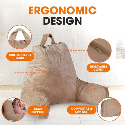 Cheer Collection Reading Pillow with Arms – Portable Bed Pillow for Sitting Up & Support, Hollow Fiber-Filled Back Rest Pillow for Sitting in Bed & Couch, Machine Washable, Taupe