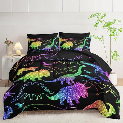 Rainbow Dinosaur Comforter Set (7 Piece) - Kids Bedding Black Dinosaur Duvet Set for Boys Girls Teens, Quilt Bed Set with 2 Pillow Shams, Flat Sheet & Fitted Sheet (Twin) - Room Decor Gifts