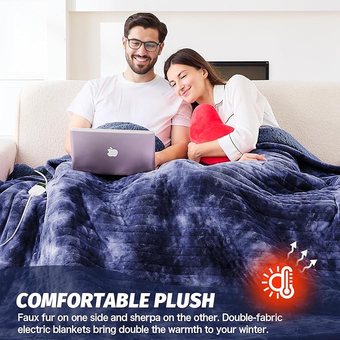 greenoak Heated Electric Blanket Throw, Faux Fur Sherpa Heating Blanket for Sofa Bed, Warm Winter Gifts for Dad/Grandma, Heater Lap Blankets 5-Position Timer &10 Heating Levels 84'*90" Cobalt