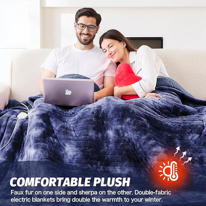greenoak Heated Electric Blanket Throw, Faux Fur Sherpa Heating Blanket for Sofa Bed, Warm Winter Gifts for Dad/Grandma, Heater Lap Blankets 5-Position Timer &10 Heating Levels 72''*84" Cobalt