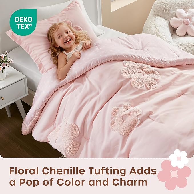 Intelligent Design Kids Twin Comforter Set for Girls, Tufted Chenille Floral Comforter Set Twin, Lightweight Polka Dot Comforter Reversible Bed Set, Sham, Pillow, Gracie, Twin Pink 3 Piece