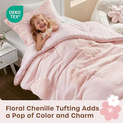 Intelligent Design Kids Twin Comforter Set for Girls, Tufted Chenille Floral Comforter Set Twin, Lightweight Polka Dot Comforter Reversible Bed Set, Sham, Pillow, Gracie, Twin Pink 3 Piece