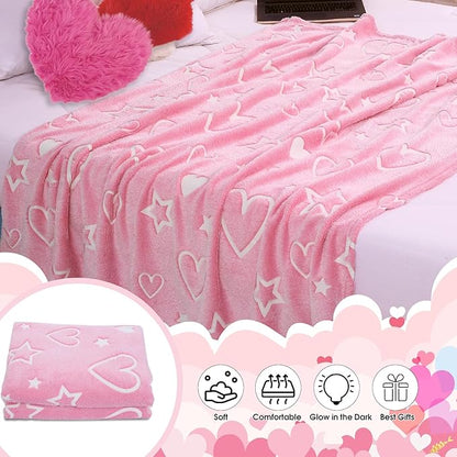 Glow in The Dark Blanket for Mothers Day - Soft Warm Furry Throw Gift for Mom, Cozy Heart Blanket Indoor Outdoor Camping Bedding, Pink Heart 50x60 Inches