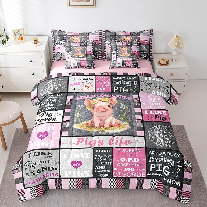 Feelyou Black Pink Pig Comforter Set with Sheets King Size Kids Cartoon Cute Pig 7 Piece Bedding Set Geometric Bed in a Bag for Women Men for Pig Lovers Bed Set