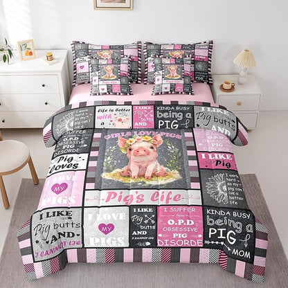 Feelyou Black Pink Pig Comforter Set with Sheets King Size Kids Cartoon Cute Pig 7 Piece Bedding Set Geometric Bed in a Bag for Women Men for Pig Lovers Bed Set
