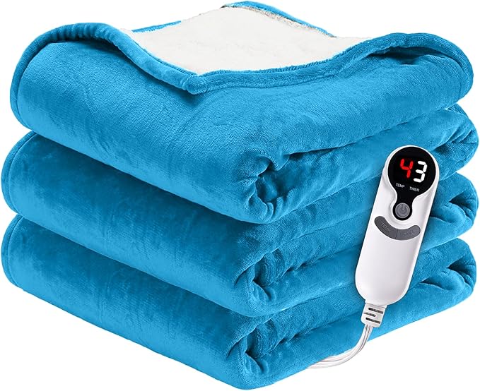 Electric Heated Blanket Full Size 72"x84" - Microplush & Sherpa Fabric Dual-Sided, 6 Heat Settings & 1-10 Hours Auto Off, Soft Warming Throw for Home or Office, Machine Washable, Ocean Breeze Blue