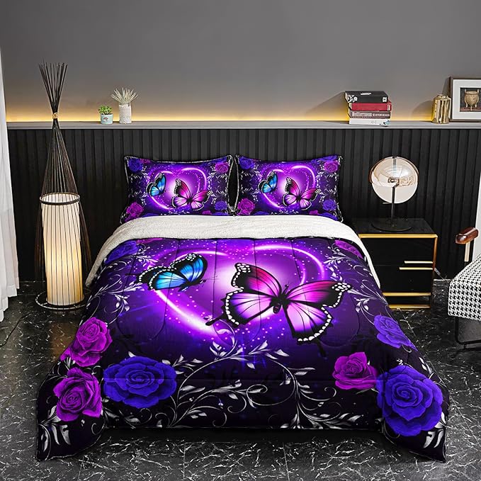 QOOMO Blue Butterfly Soft Sherpa Comforter，Blue Flower Plush Warm Fall Winter Bedding Sets for Girls Boys，Star Sky Ultra-Soft Sherpa King Comforter Set with 2 Pillow Shams，3 Piece Set