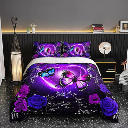 QOOMO Blue Butterfly Soft Sherpa Comforter，Blue Flower Plush Warm Fall Winter Bedding Sets for Girls Boys，Star Sky Ultra-Soft Sherpa King Comforter Set with 2 Pillow Shams，3 Piece Set