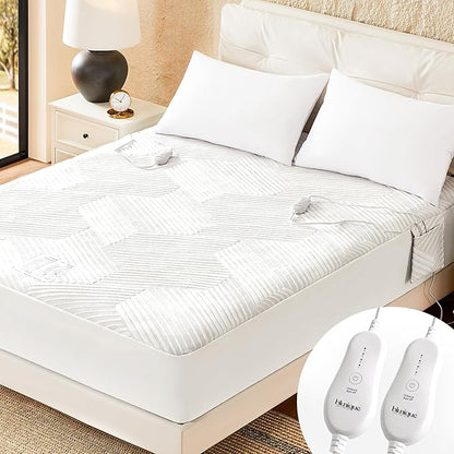 Electric Heated Mattress Pad King Size Dual Control Bed Warmer, Deep Pocket, Side Storage Pouch for Controller, Machine Washable, 3D Air Layer Fabric, 78"x80", Grey