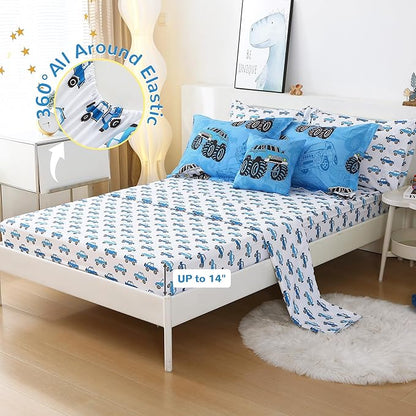 Mooreeke Kids Full Comforter Sets for Boys 8 Pieces Truck Blue Bedding Set for Teens Soft Microfiber Kids Bed in A Bag with Comforter, Sheet Set, Shams and Decorative Toy Pillow All Season