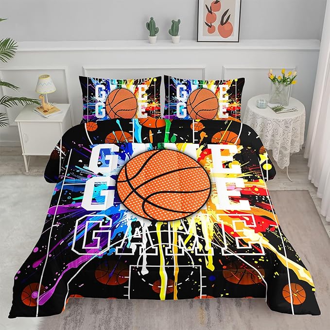 Cartoon Basketball Printed Comforter Set Ball Sports Bedding Set with 1 Comforter and 2 Pillowcases for Boys and Girls Bedroom All Season(Basketball-2 Queen)