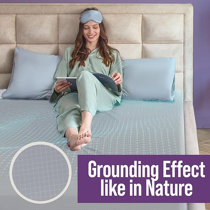 Earth Grounding Sheets Queen Size with 12% Silver Fiber & 4% Silk & 84% Cotton - Cloud Gray - SGS Quality Certified Grounded Well Bed Sheet - Conductive Fitted Sheet for Better Sleep