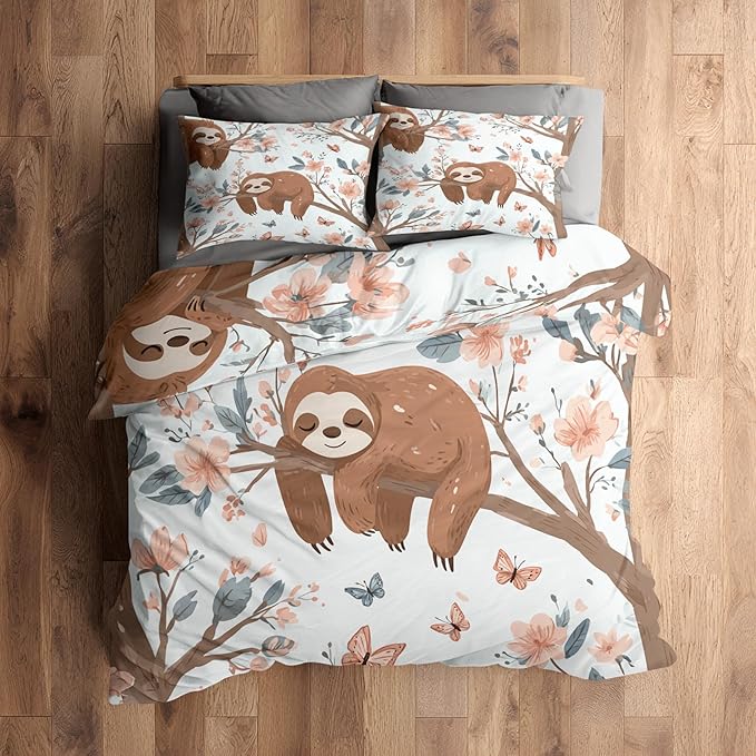 Sloth Duvet Cover Queen Size, Kids Boys Girls Bedding Set 3 Pcs (2 Pillow Shams), Super Soft Microfiber Bedroom Decor, Zipper & Ties CSXQ1247