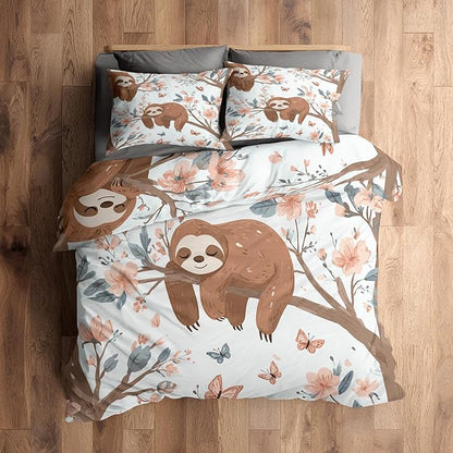 Sloth Duvet Cover King Size, Kids Boys Girls Bedding Set 3 Pcs (2 Pillow Shams), Super Soft Microfiber Bedroom Decor, Zipper & Ties CSXQ1247