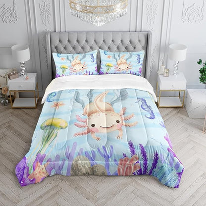 Kawaii Axolotl Ocean Comforter 3Pcs Queen Salamander Hippocampus Marine Animal Jellyfish Fish Bedding Set for Kid Boy Girl Teen Adult Coral Starfish Bed Decor with 1 Comforter and 2 Pillowcases
