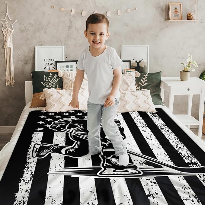 Hockey Gifts for Kids Boys - 50x40 Inches Small Soft Fuzzy Flannel Blankets Accessories Decor Sports Throws for Travel Camping