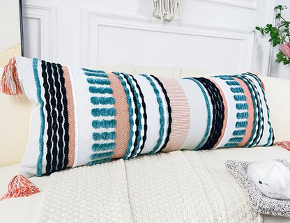 Chenille and Cotton Long Pillow for Bed, Striped Textured Boho Lumbar Throw Pillow Cover 12x36, Neutral Accent Decorative Extra Long Body Pillow Case for Couch, Sofa, Bedroom, Turquoise