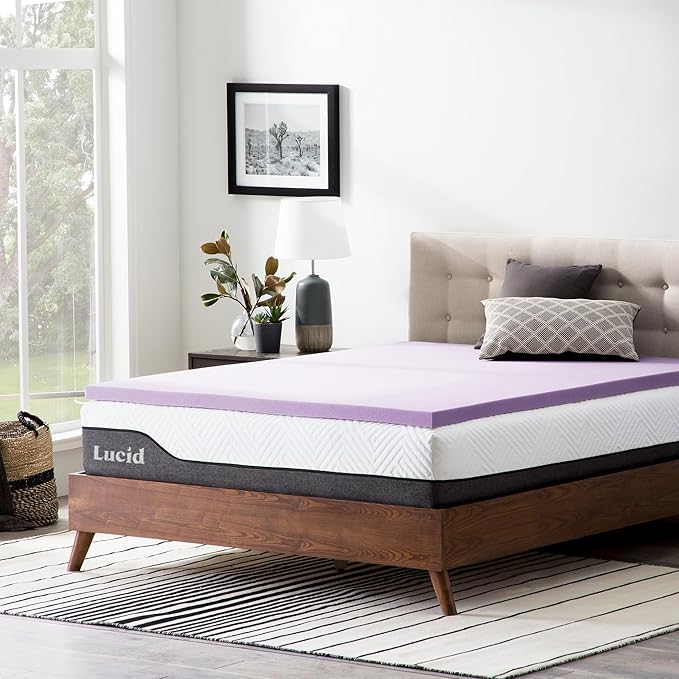 Lucid 2 Inch Lavender Memory Foam Mattress Topper, California King Size – Essential Oil Infusion – Plush Feel, Pressure-Relieving Bed Topper – Ventilated and Breathable – CertiPur Certified