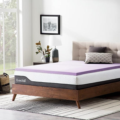 Lucid 2 Inch Lavender Memory Foam Mattress Topper, California King Size – Essential Oil Infusion – Plush Feel, Pressure-Relieving Bed Topper – Ventilated and Breathable – CertiPur Certified