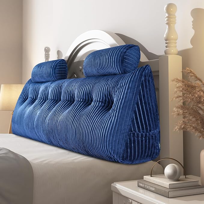 Z-hom King Size Wedge Headboard Pillow with 2 Roll Cushions, Large Reading Pillow for Bed Sitting Up, Triangular Backrest Cushion for Headboard, Supportive Pillow for Back Pain Relief, Blue
