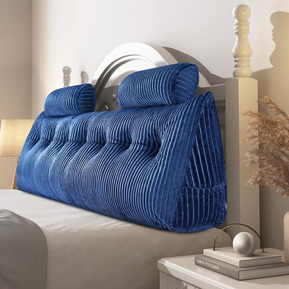 Z-hom King Size Wedge Headboard Pillow with 2 Roll Cushions, Large Reading Pillow for Bed Sitting Up, Triangular Backrest Cushion for Headboard, Supportive Pillow for Back Pain Relief, Blue