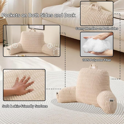 Reading Pillow for Sitting in Bed, Large Backrest Reading Pillow with Arm Rest,Back-Rest Support Cushion for Sit Up on Couch, Sofa, and Floor, Dorm Essentials (Cream Corduroy, Large(19"))