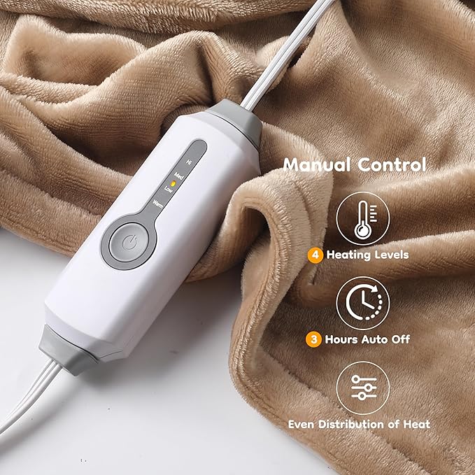 Electric Heated Blanket Throw Size 50×60, Breathable & Luxurious Flannel,Soft Warm Gift with Over-Heat Protection,4 Heating Levels & 3 H Auto Shut Off, Machine Washable, Light Brown