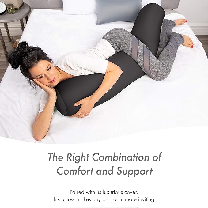 Straight Body Pillow, Full Size Premium Microbead,Side Sleeping/Maternity Pregnant Women, Supportive,Fluffy, Breathable, Cooling, 85/15 Spandex/Nylon Silky Feel Anti-Aging - 48 X 8 - Black