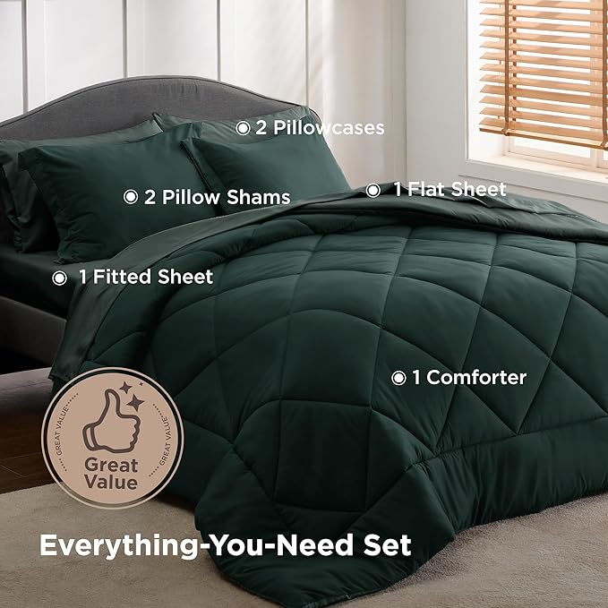 Bedsure Queen Comforter Set Emerald Green - 7 Pieces Reversible Bedding, Queen Size Bed Set for All Seasons, Bed in a Bag with Down Alternative Comforter, Sheets, Pillowcases & Shams
