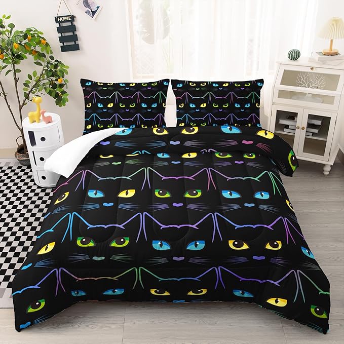Kawaii Cat Comforter Set, Colorful Line Cat Full Size Bedding Set for Boys Girls Teens, Cartoon Cute Cat Black Quilt Set for Room Decor, Style 2