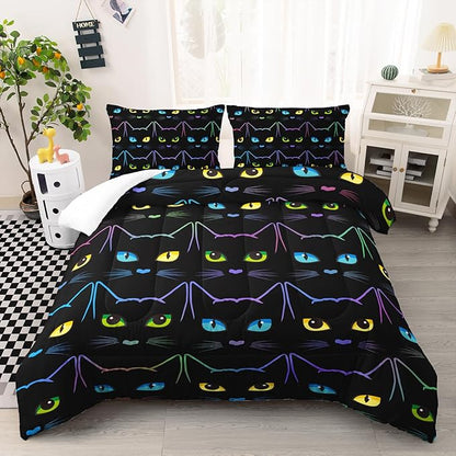Kawaii Cat Comforter Set, Colorful Line Cat Full Size Bedding Set for Boys Girls Teens, Cartoon Cute Cat Black Quilt Set for Room Decor, Style 2
