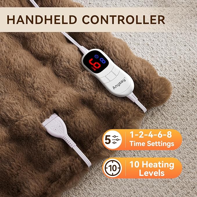 Heated Blanket Throw with 1/2/4/6/8 Hours Auto-Off 10 Heat Level, 50'' * 60'' Cozy Faux Rabbit Fur Bubble Electric Blanket with Overheat Protection(Brown)