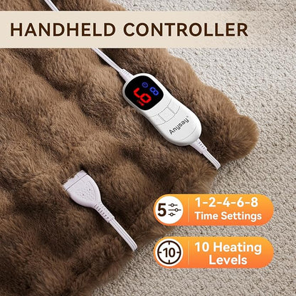 Heated Blanket King Size with 1/2/4/6/8 Hours Auto-Off 10 Heat Level, 90'' * 100'' Cozy Faux Rabbit Fur Bubble Electric Blanket with Overheat Protection(Brown)