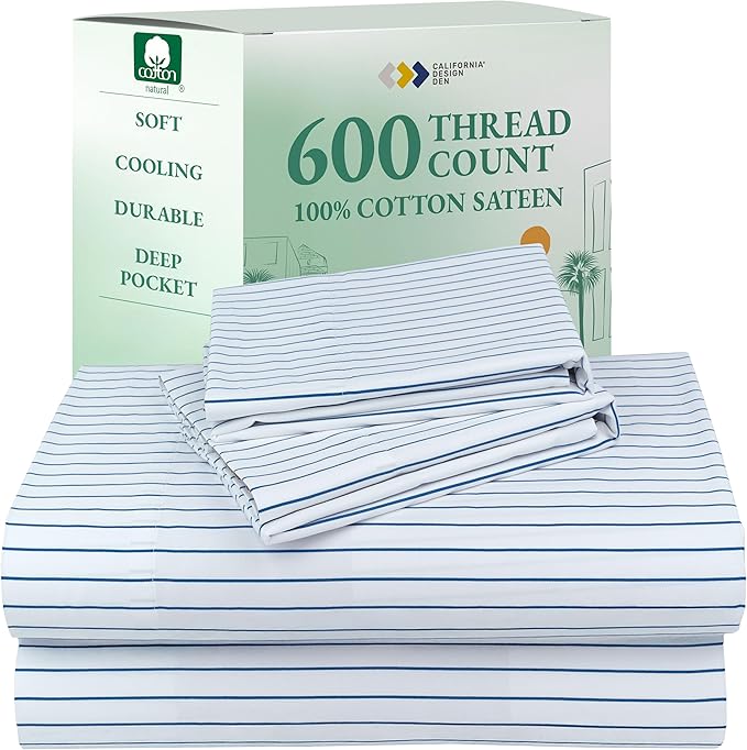 California Design Den Printed Striped Sheets Queen Size Bed Set - 600 Thread Count, 100% Cotton Sateen, Premium Deep Pocket Queen Bed Sheets - Classic Blue Stripe Print