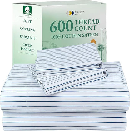 California Design Den Printed Striped Sheets Queen Size Bed Set - 600 Thread Count, 100% Cotton Sateen, Premium Deep Pocket Queen Bed Sheets - Classic Blue Stripe Print