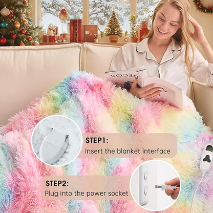 Heated Electric Blanket Throw,Warm Winter Birthday Gifts for Women Her Grandma-Faux Fur with Soft Sherpa,10 Heat Settings,5 Time Settings with Fast Heating, 50x60, Rainbow