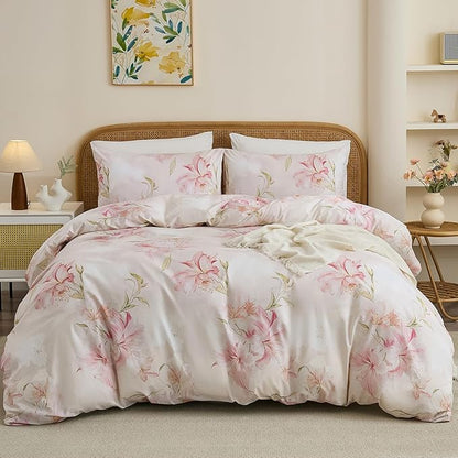 100% Cotton Duvet Cover King Size – Elegant Blush Lily Pink Floral Duvet Cover Set with Zipper Closure, 3-Piece Soft Breathable Natural Cotton Bedding Set for All Seasons