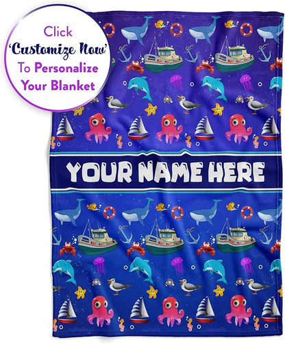 Blanket for Kids | Custom Marine Animals Fleece Throw | Blue Kids Throw | Baby Girl Blanket | Ocean Gifts (60x80 Fleece - V1)
