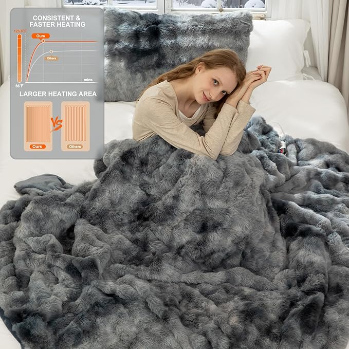 Faux Fur Heated Blanket Twin Size 62"X84" - Bubble Electric Blanket Fluffy Soft Fuzzy with 6 Fast Heating Levels & 10 hrs Timer Settings, Washable & ETL Certified for Office Bed, Tie-Dye Blue