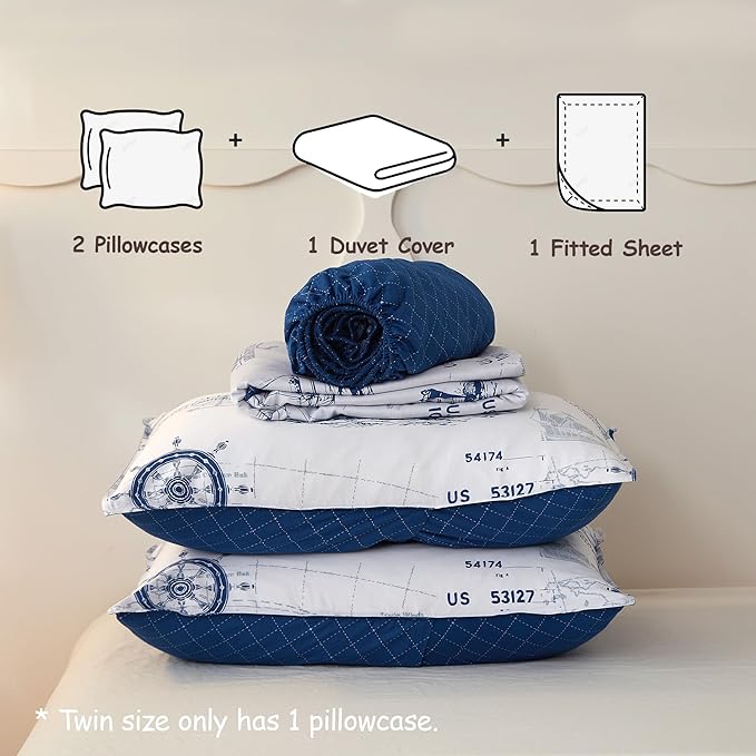Simple&Opulence 100% Organic Cotton Duvet Cover for Kids Teens, 4 Pieces Soft Cartoon Comforter Cover with Zipper Closure, Boys Bedding Set with Sailboat Pattern,Full/Queen