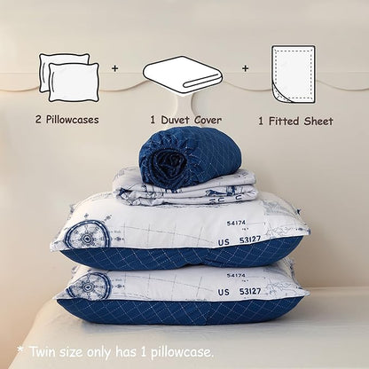 Simple&Opulence 100% Organic Cotton Duvet Cover for Kids Teens, 4 Pieces Soft Cartoon Comforter Cover with Zipper Closure, Boys Bedding Set with Sailboat Pattern,Full/Queen
