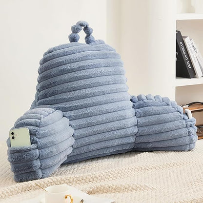 Faux Fur Fluffy Dusty Blue Reading Pillow with Pockets, Luxury Striped Plush Decorative, Arm Rests and Back Support for Bed Rest, Lounging on Sofa, Extra Large Size for Adult.