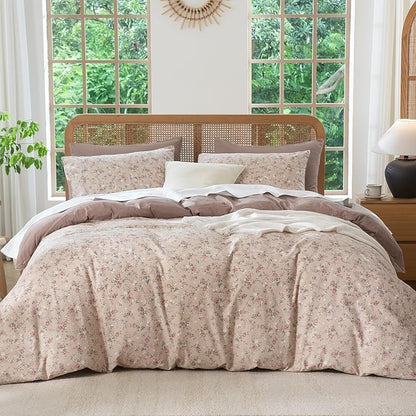 Floral Queen Duvet Cover Luxury Soft Brushed Microfiber Crinkle Gauze Fabric 3 Pieces Bedding Set Flower Pattern Queen Duvet Cover with Zipper Closure Breathable Comfy