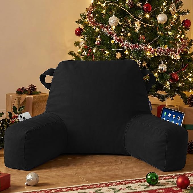 Portable Comfy Reading Pillows for Bed Sitting Up(Black Oeko-Tex), Velvet Back Pillow with Arms & Pockets for Adults, Support Memory Foam Bed Pillow for Dorm/Reading/Watching/Gaming